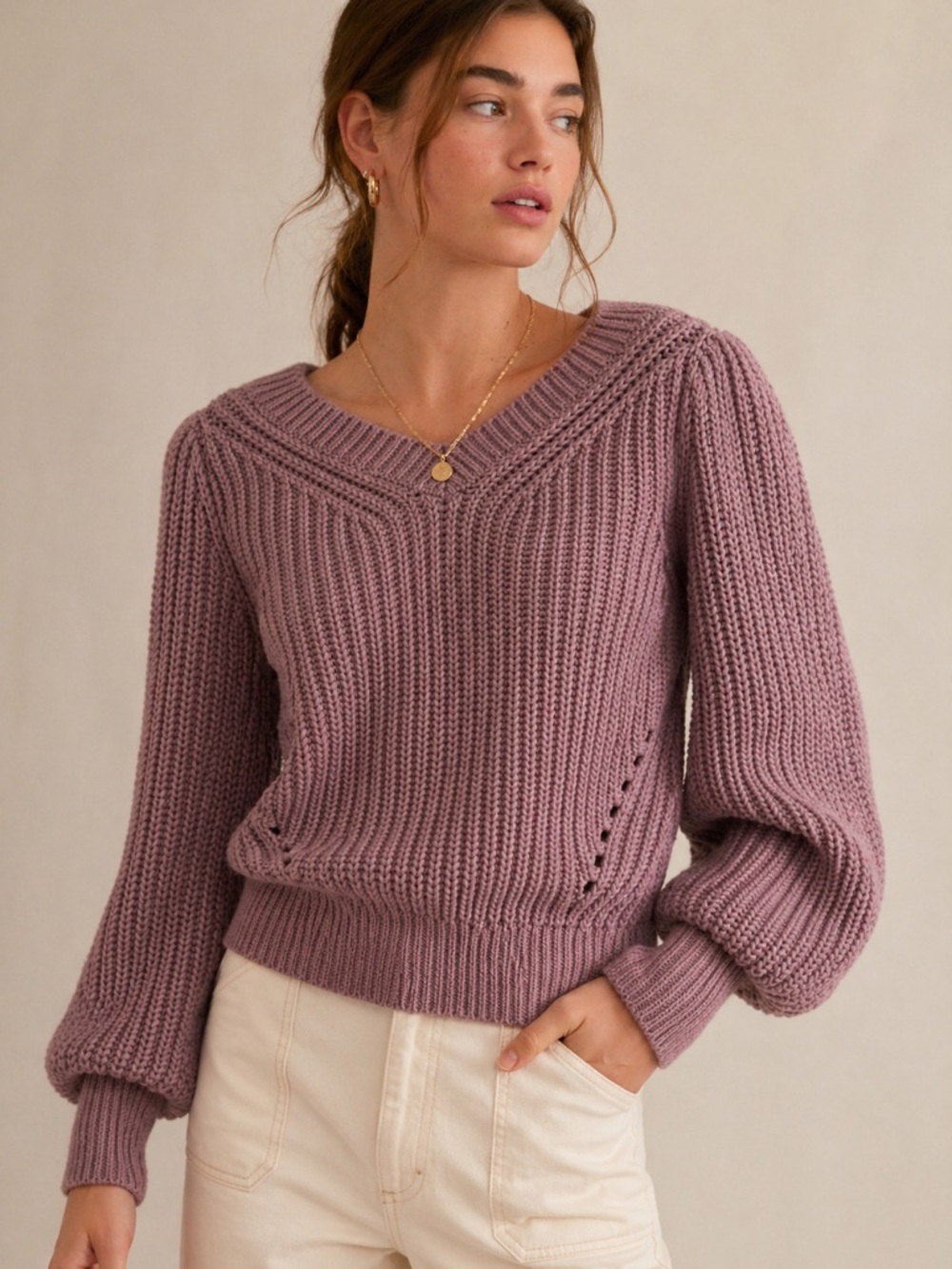 Anthropologie Lavender Balloon Sleeve Chunky Knit Sweater Eyelet Detail S